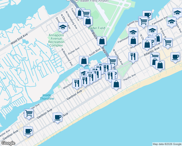 map of restaurants, bars, coffee shops, grocery stores, and more near 65 Chelsea Court in Atlantic City