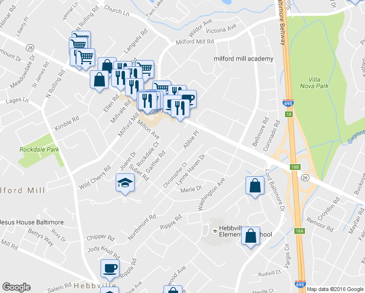 map of restaurants, bars, coffee shops, grocery stores, and more near 3510 Abbie Place in Milford Mill