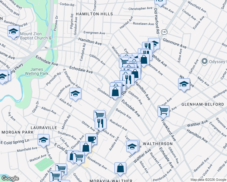 map of restaurants, bars, coffee shops, grocery stores, and more near 2905 Echodale Avenue in Baltimore