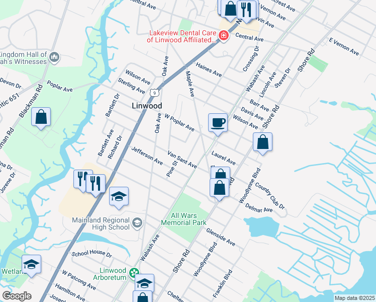 map of restaurants, bars, coffee shops, grocery stores, and more near 933 Oak Avenue in Linwood