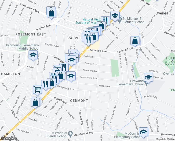 map of restaurants, bars, coffee shops, grocery stores, and more near 4320 Glenmore Ave in Baltimore