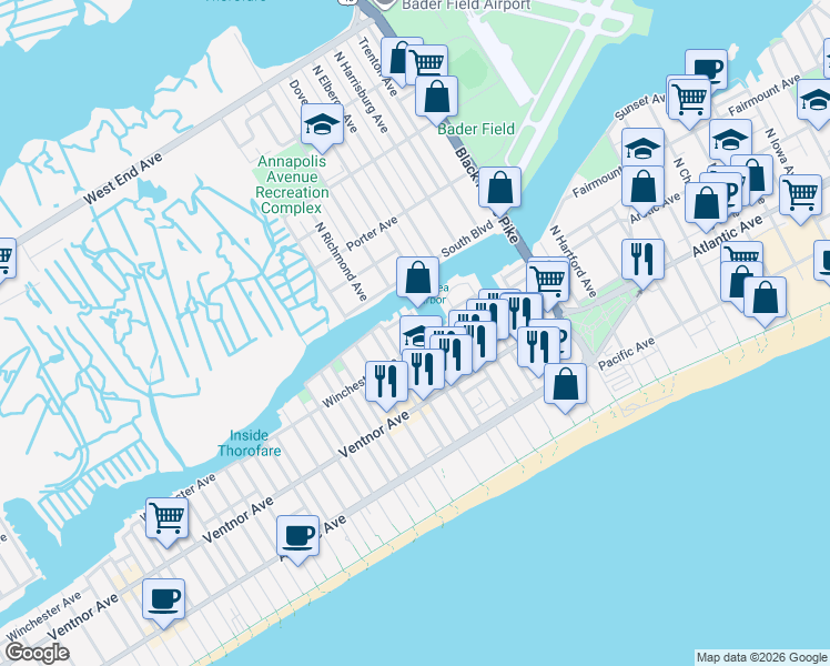 map of restaurants, bars, coffee shops, grocery stores, and more near 65 Chelsea Court in Atlantic City