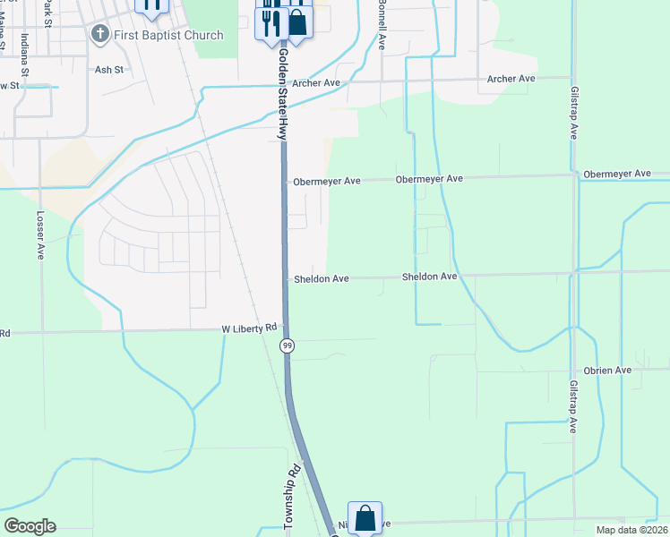 map of restaurants, bars, coffee shops, grocery stores, and more near 45 Sheldon Avenue in Gridley