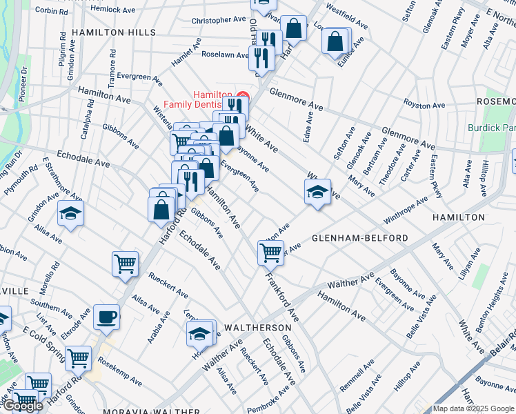 map of restaurants, bars, coffee shops, grocery stores, and more near 3200 Wisteria Avenue in Baltimore