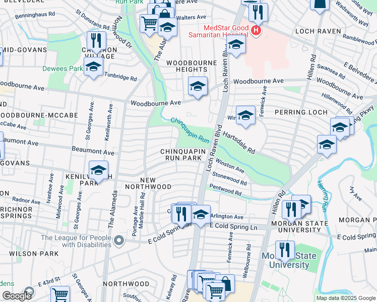 map of restaurants, bars, coffee shops, grocery stores, and more near 1425 Kitmore Road in Baltimore