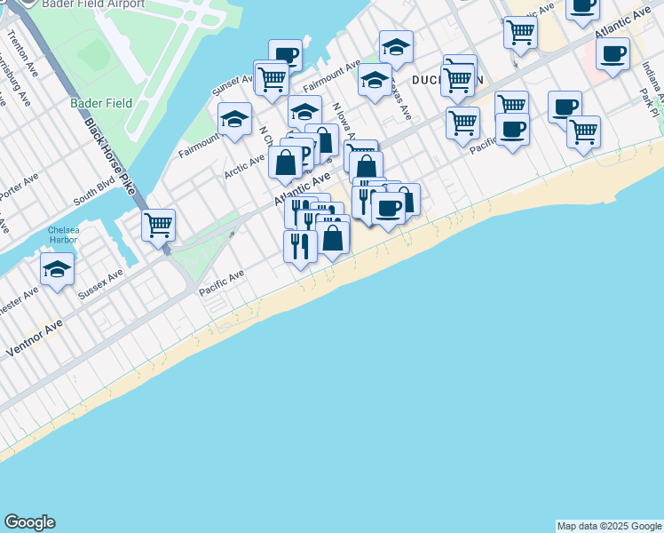map of restaurants, bars, coffee shops, grocery stores, and more near 3000 Boardwalk in Atlantic City