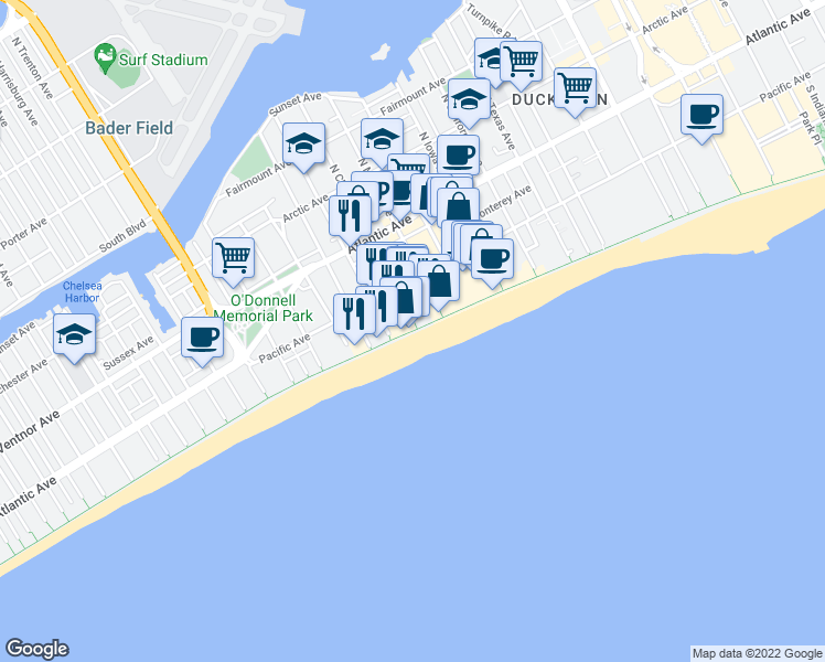 map of restaurants, bars, coffee shops, grocery stores, and more near 3117 Boardwalk in Atlantic City