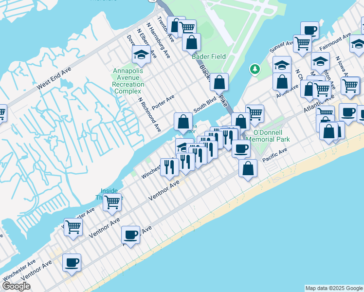 map of restaurants, bars, coffee shops, grocery stores, and more near 65 Chelsea Court in Atlantic City
