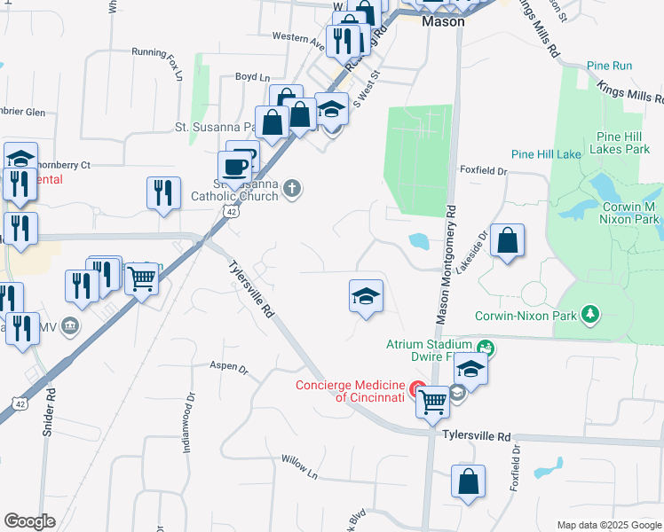 map of restaurants, bars, coffee shops, grocery stores, and more near 6112 Tarn Circle in Mason
