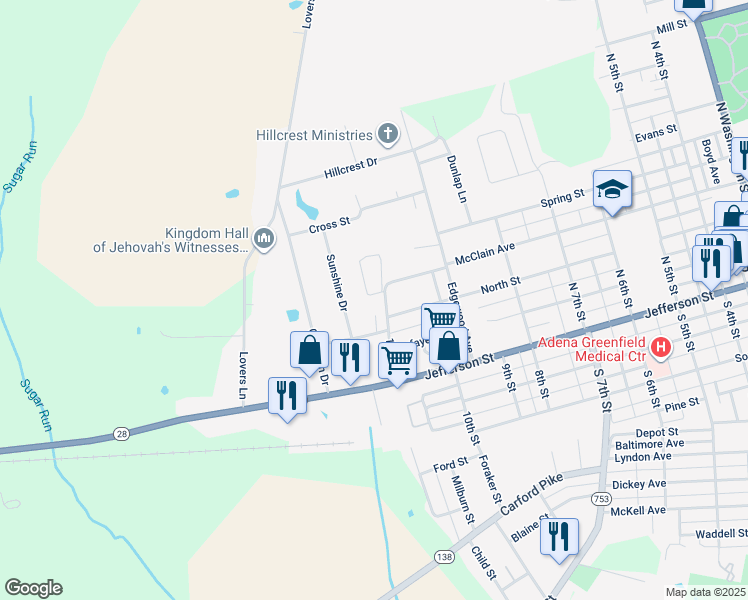 map of restaurants, bars, coffee shops, grocery stores, and more near 1105 Sycamore Circle in Greenfield