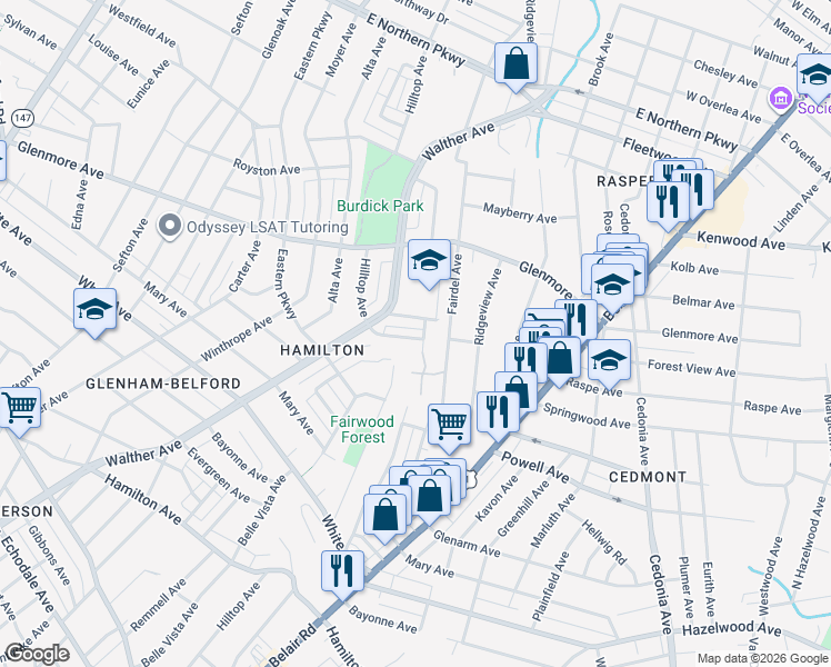 map of restaurants, bars, coffee shops, grocery stores, and more near 3726 Raspe Avenue in Baltimore