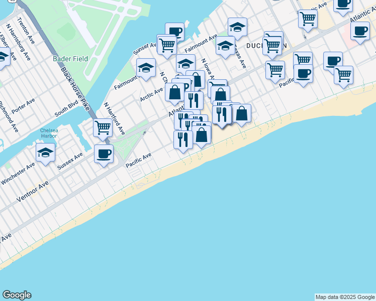 map of restaurants, bars, coffee shops, grocery stores, and more near 101-199 South Montpelier Avenue in Atlantic City