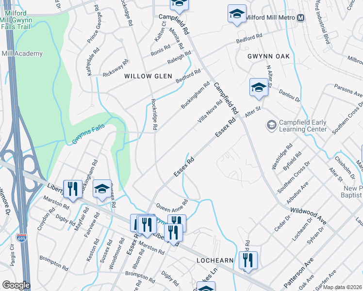 map of restaurants, bars, coffee shops, grocery stores, and more near 4015 Villa Nova Road in Pikesville
