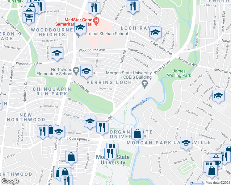 map of restaurants, bars, coffee shops, grocery stores, and more near 1701 Ingram Road in Baltimore
