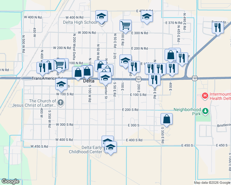 map of restaurants, bars, coffee shops, grocery stores, and more near 65 East 100 South Road in Delta