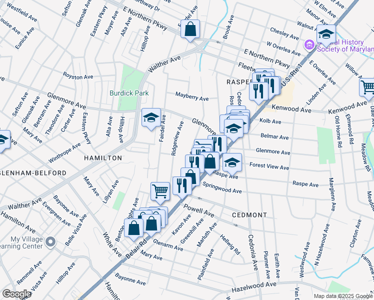 map of restaurants, bars, coffee shops, grocery stores, and more near 6204 Everall Avenue in Baltimore