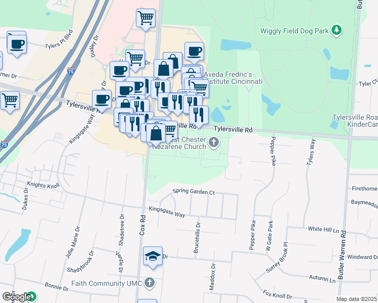 map of restaurants, bars, coffee shops, grocery stores, and more near 7935 Tylersville Road in Butler County