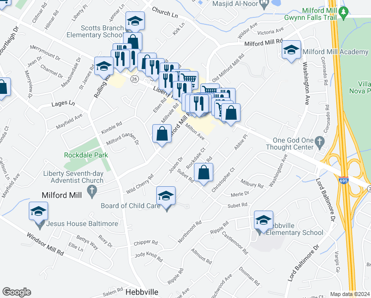 map of restaurants, bars, coffee shops, grocery stores, and more near 3516 Joann Drive in Milford Mill