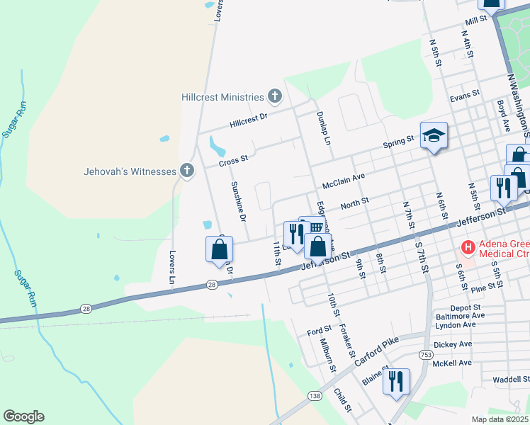 map of restaurants, bars, coffee shops, grocery stores, and more near 1105 Sycamore Circle in Greenfield