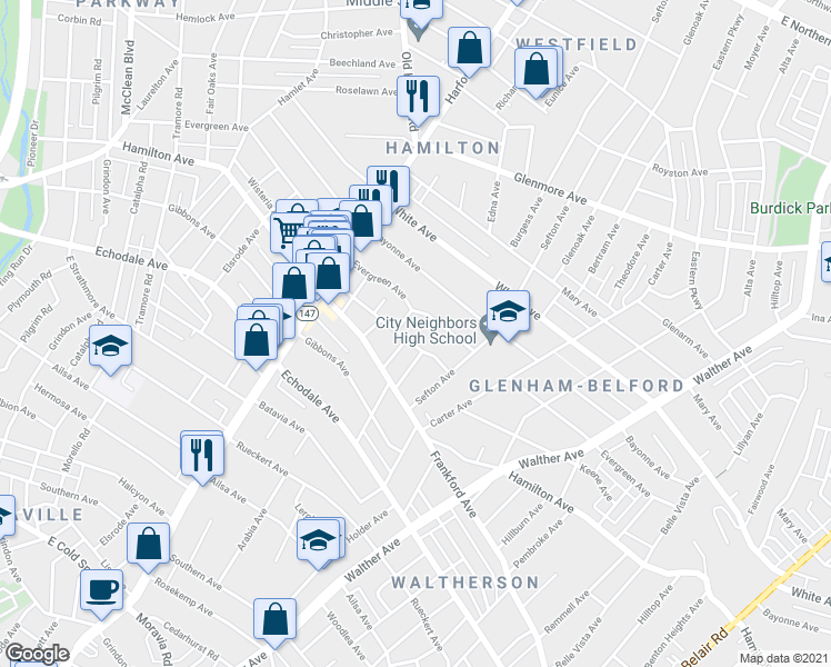 map of restaurants, bars, coffee shops, grocery stores, and more near 3200 Wisteria Avenue in Baltimore