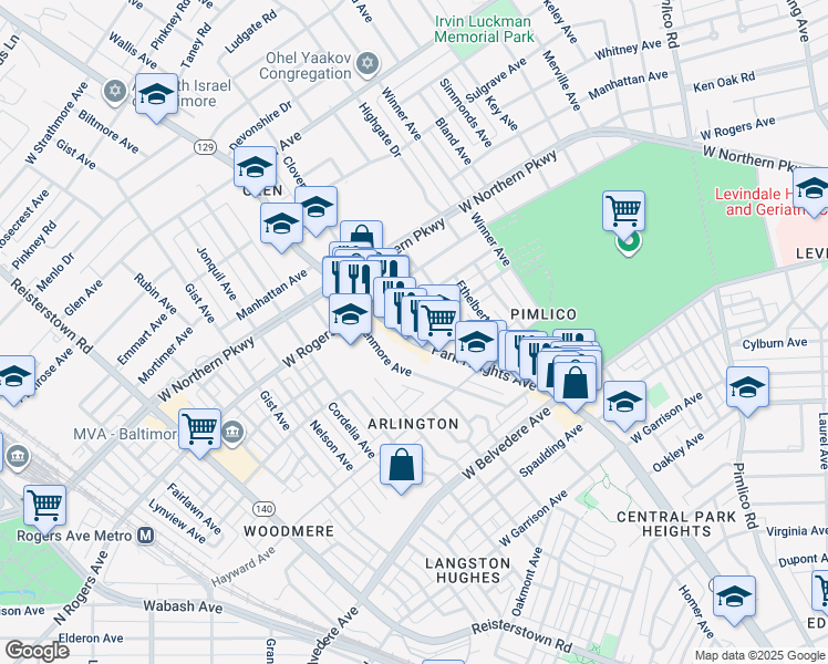 map of restaurants, bars, coffee shops, grocery stores, and more near 5421 Park Heights Avenue in Baltimore