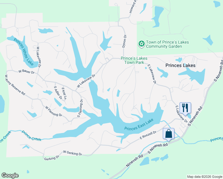 map of restaurants, bars, coffee shops, grocery stores, and more near 8553 South Nash Drive in Princes Lakes