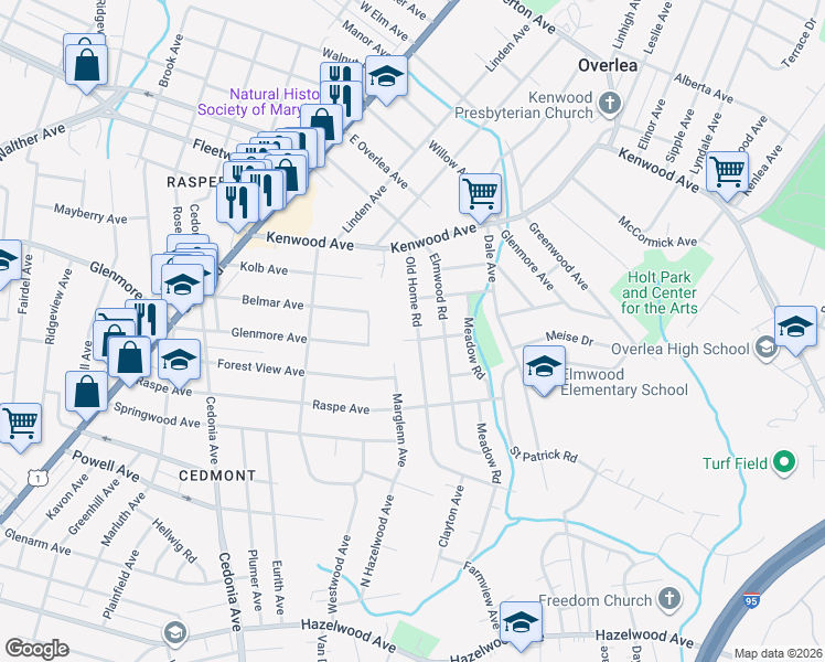 map of restaurants, bars, coffee shops, grocery stores, and more near 602 Old Home Road in Baltimore
