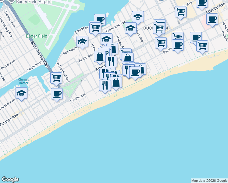 map of restaurants, bars, coffee shops, grocery stores, and more near 3109 Boardwalk in Atlantic City