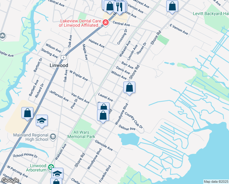 map of restaurants, bars, coffee shops, grocery stores, and more near 16 West Poplar Avenue in Linwood