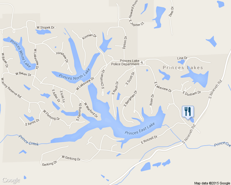 map of restaurants, bars, coffee shops, grocery stores, and more near 8553 South Nash Drive in Princes Lakes