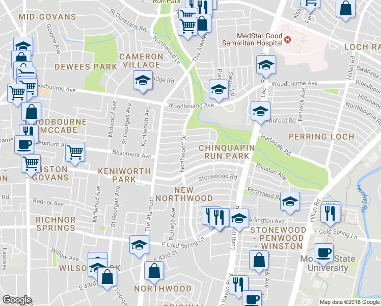 map of restaurants, bars, coffee shops, grocery stores, and more near 1316 Kitmore Rd in Baltimore