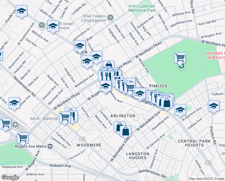 map of restaurants, bars, coffee shops, grocery stores, and more near 5430 Park Heights Avenue in Baltimore
