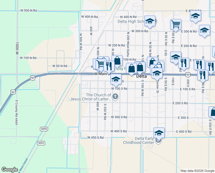 map of restaurants, bars, coffee shops, grocery stores, and more near 334 West 100 South in Delta