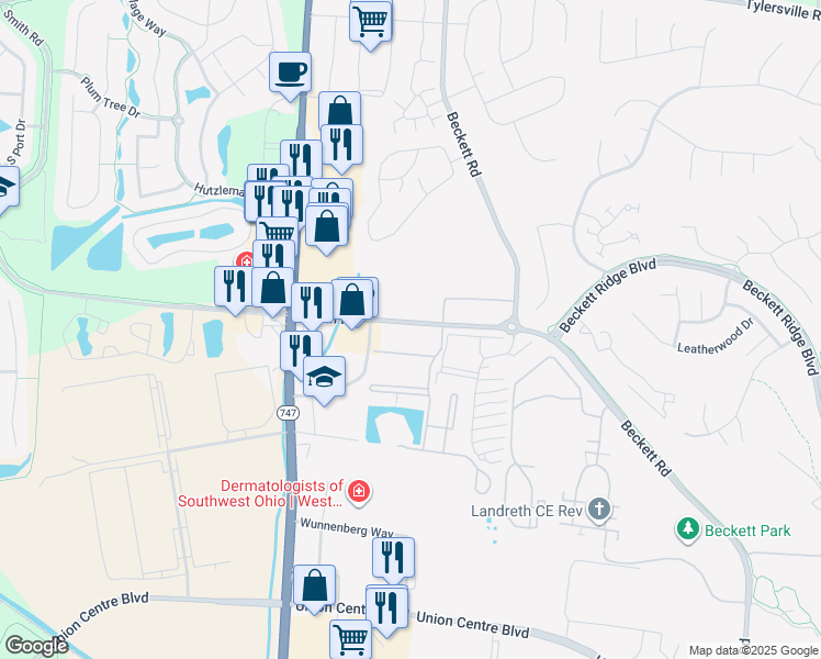 map of restaurants, bars, coffee shops, grocery stores, and more near 45 Smith Road in Beckett Ridge