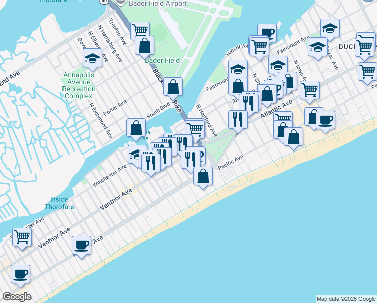 map of restaurants, bars, coffee shops, grocery stores, and more near in Atlantic City