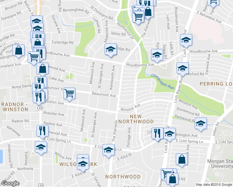 map of restaurants, bars, coffee shops, grocery stores, and more near 1110 Beaumont Avenue in Baltimore