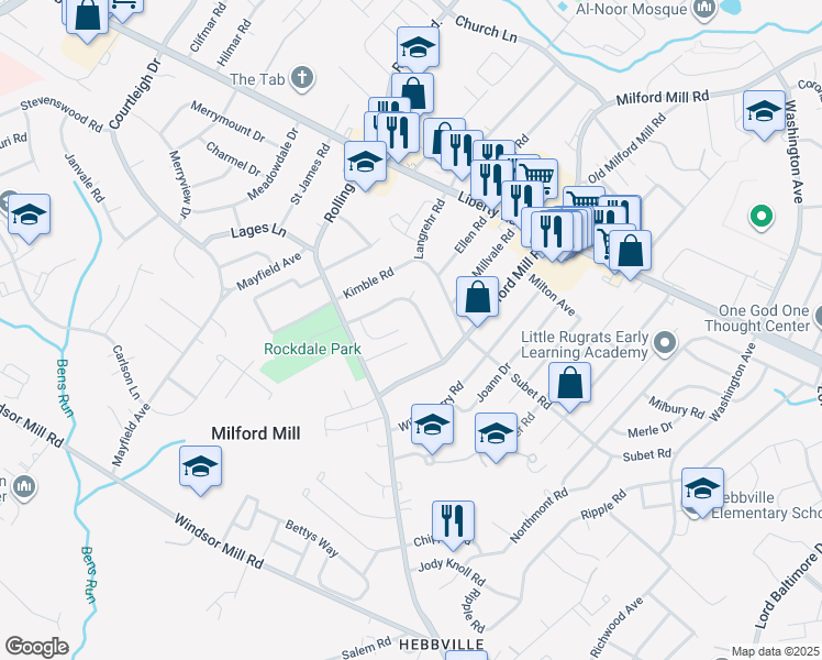 map of restaurants, bars, coffee shops, grocery stores, and more near 22 Greenery Court in Milford Mill