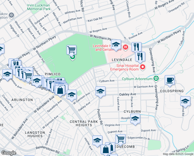 map of restaurants, bars, coffee shops, grocery stores, and more near 5025 Pimlico Road in Baltimore