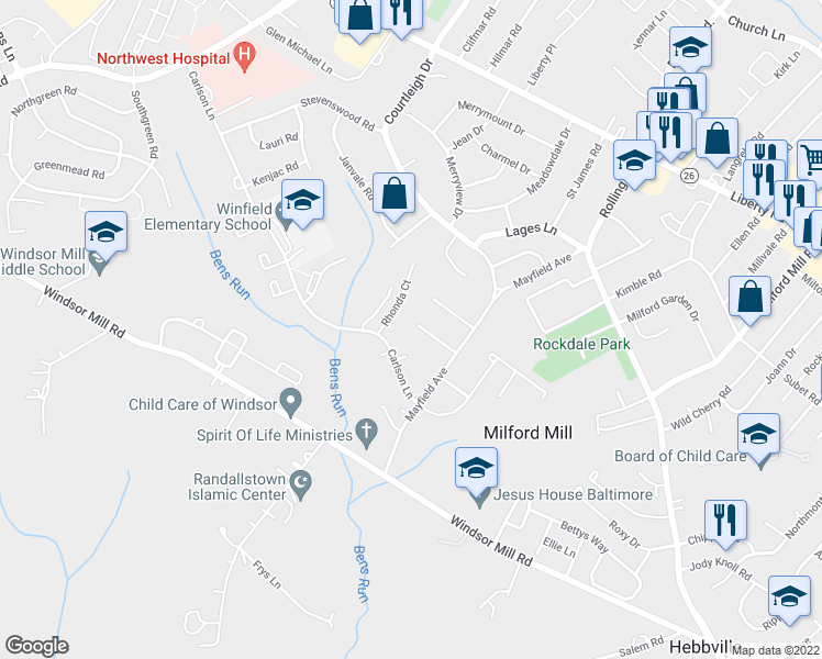 map of restaurants, bars, coffee shops, grocery stores, and more near 8013 Remington Avenue in Milford Mill