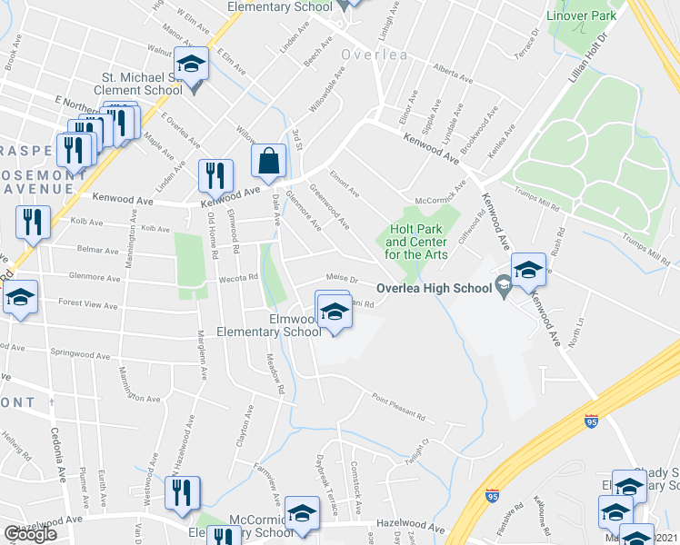 map of restaurants, bars, coffee shops, grocery stores, and more near 4714 Meise Drive in Baltimore