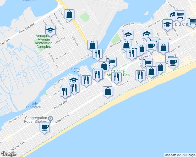 map of restaurants, bars, coffee shops, grocery stores, and more near 3817 Ventnor Avenue in Atlantic City