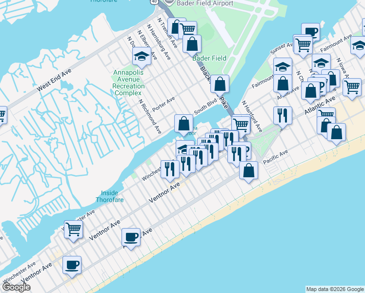 map of restaurants, bars, coffee shops, grocery stores, and more near 65 Chelsea Court in Atlantic City