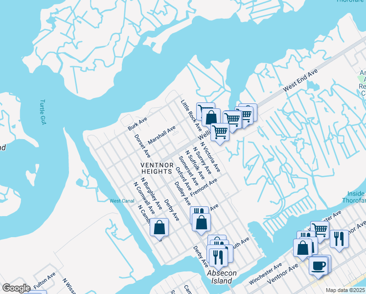map of restaurants, bars, coffee shops, grocery stores, and more near 5515 Wellington Avenue in Ventnor City