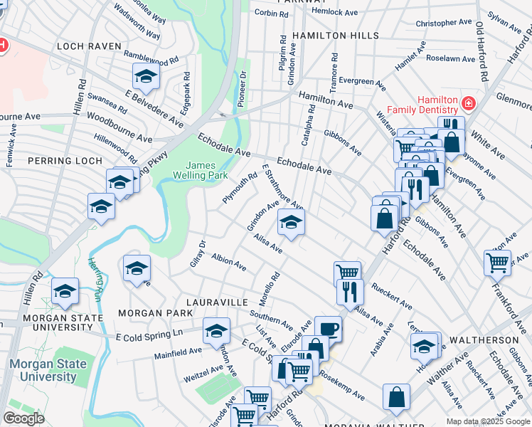 map of restaurants, bars, coffee shops, grocery stores, and more near 5009 Grindon Avenue in Baltimore