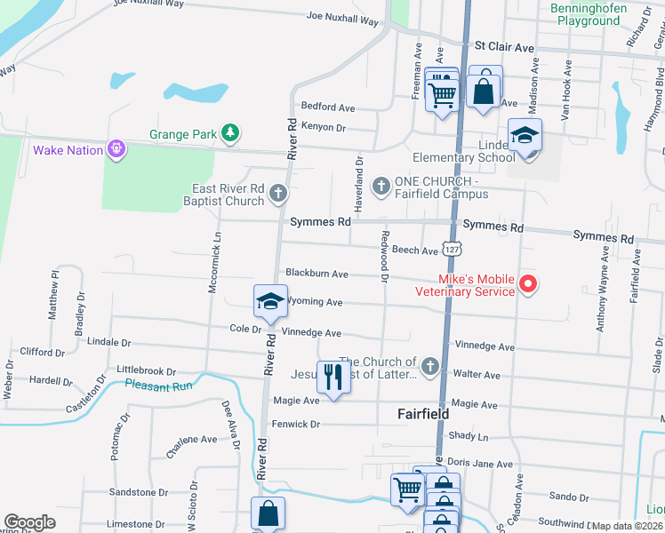 map of restaurants, bars, coffee shops, grocery stores, and more near 416 Blackburn Avenue in Fairfield