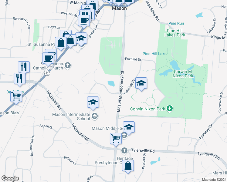 map of restaurants, bars, coffee shops, grocery stores, and more near 5058 Lakeside Drive in Mason