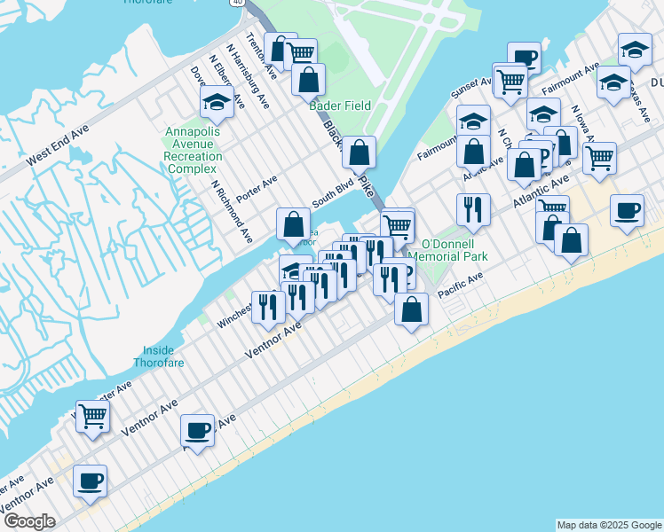 map of restaurants, bars, coffee shops, grocery stores, and more near 51 North Dover Avenue in Atlantic City