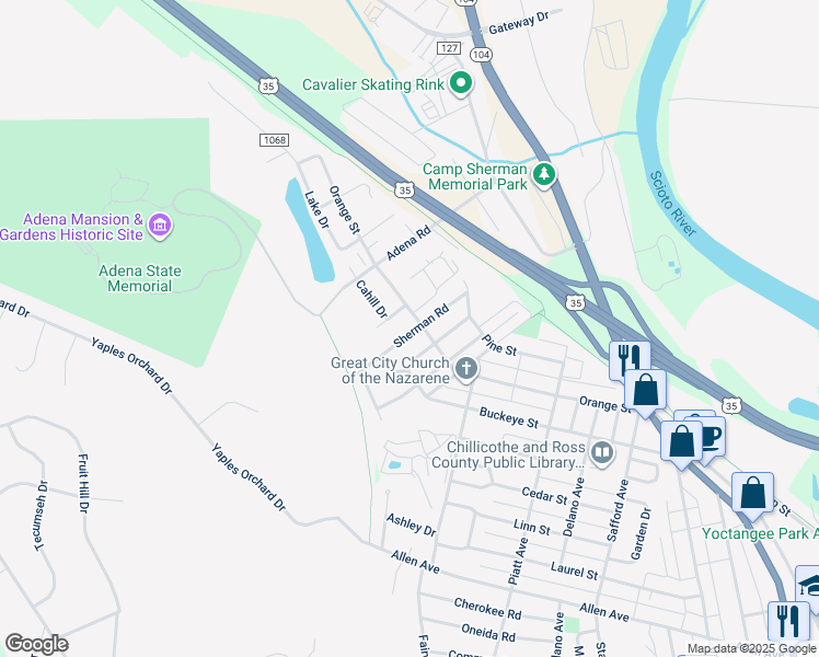 map of restaurants, bars, coffee shops, grocery stores, and more near 774 Sherman Road in Chillicothe