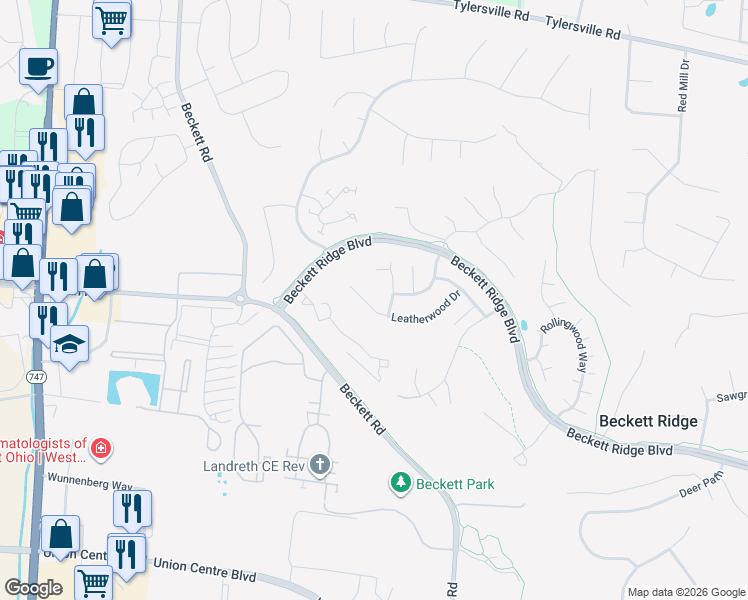 map of restaurants, bars, coffee shops, grocery stores, and more near 5272 Leatherwood Drive in Beckett Ridge