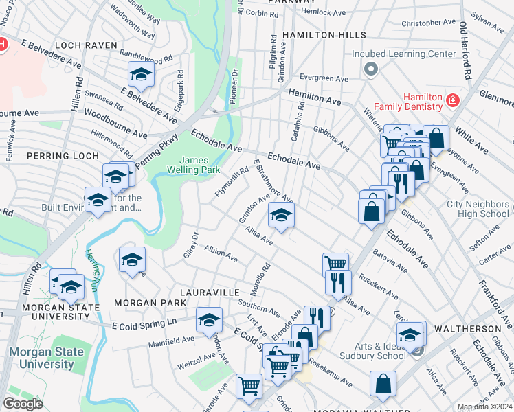 map of restaurants, bars, coffee shops, grocery stores, and more near 5009 Grindon Avenue in Baltimore